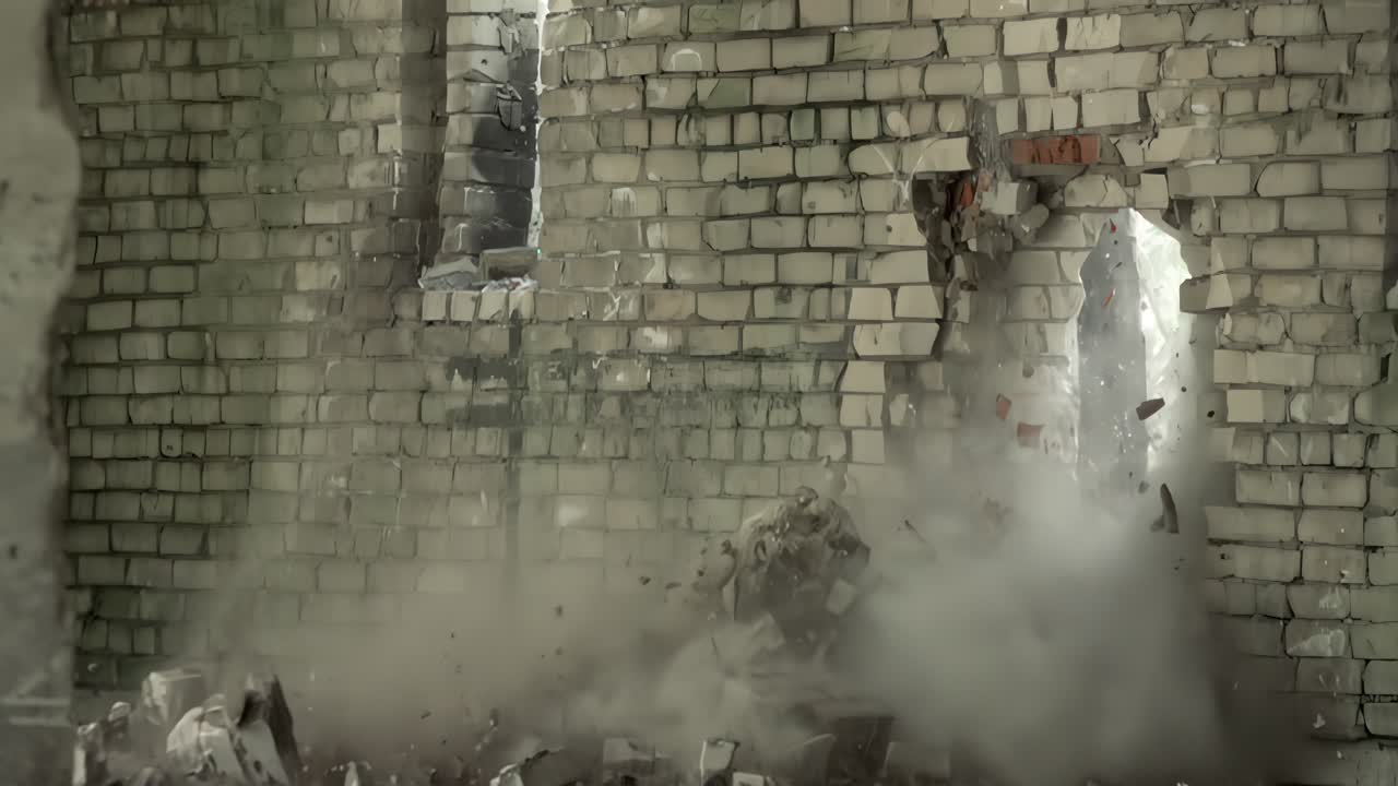 Filmato al rallentatore di un muro di mattoni industriale colpito da dietro da una palla da demolizione, con mattoni e polvere che esplodono in avanti mentre si apre un buco e la luce filtra, suggerendo forza e demolizione.