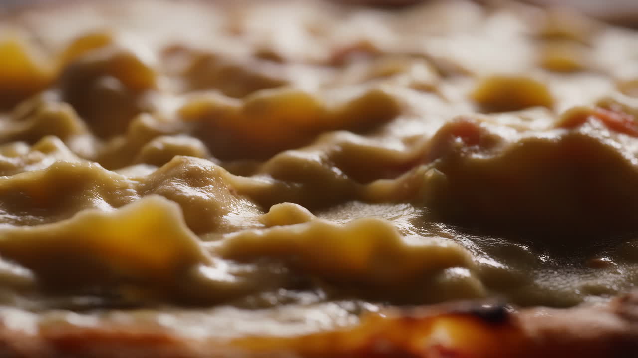 Close-up of Melted Topping on a Baked Pizza