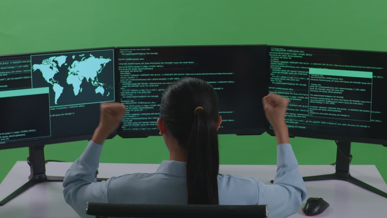Back View Of Happy Asian Woman Developer Celebrating While Write Code With Multiple Computer Screens In Green Screen Studio