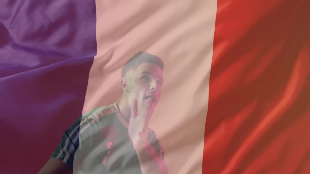 Animación de jugador de fútbol caucásico sobre bandera de Francia