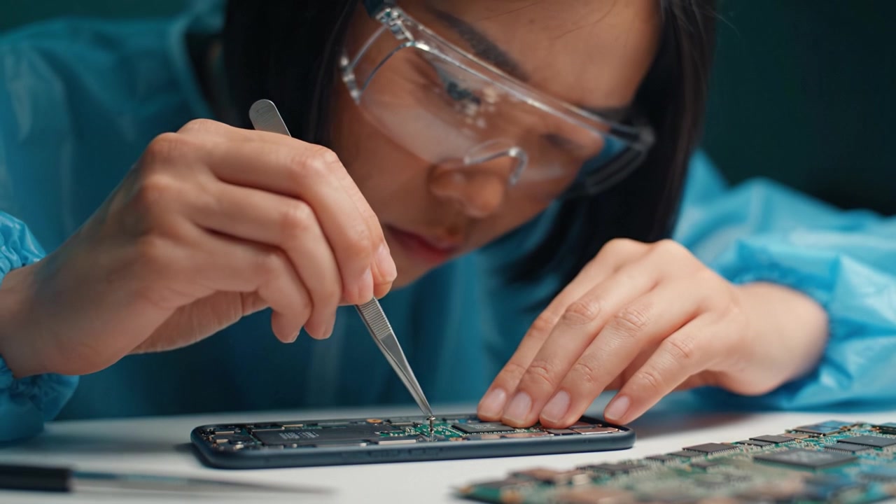 Focused Technician Performing Intricate Repairs on a Circuit Board while Wearing Protective Eyewear and Blue Lab Coat in a Professional Environment