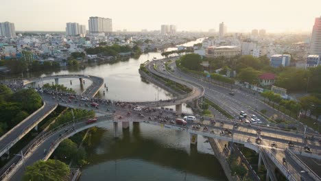 motorcycles run on the bridge in the sunset afternoon vietnam