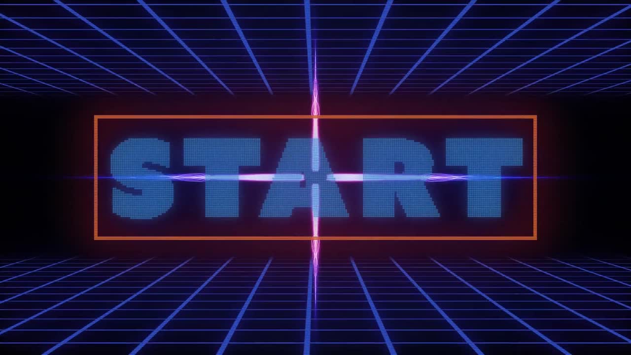 animación del texto de inicio sobre la cuadrícula azul y la forma púrpura brillante