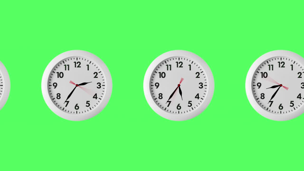 беспрепятственная циклическая анимация со многими белыми настенными часами. стрелки вращаются по часовой стрелке. зеленый экран или цветный фон с пространством для копирования