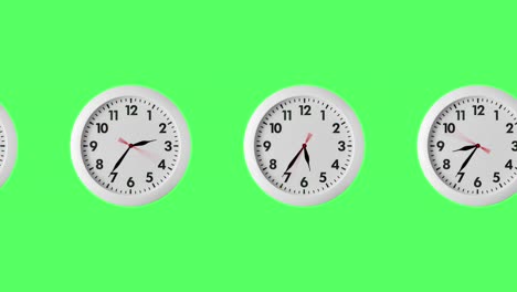 seamless looping animation with many white wall clocks. arrows spin clockwise. green screen or chroma key background with copy space