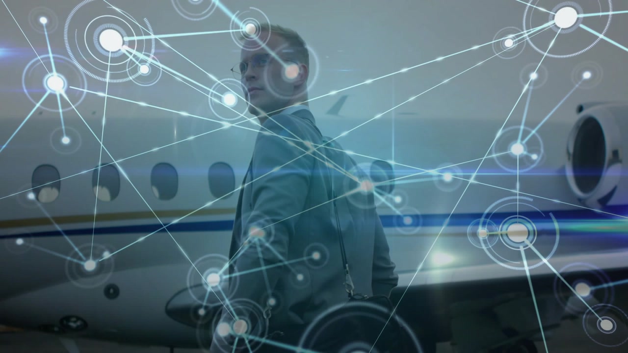 Camera pullback revealing man walking past jet, HUD graphics linking nodes while scanning area