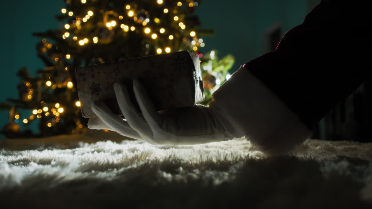 Silhouette Santa Claus's Hand With Glove Delivering Gifts In Front of the Tree