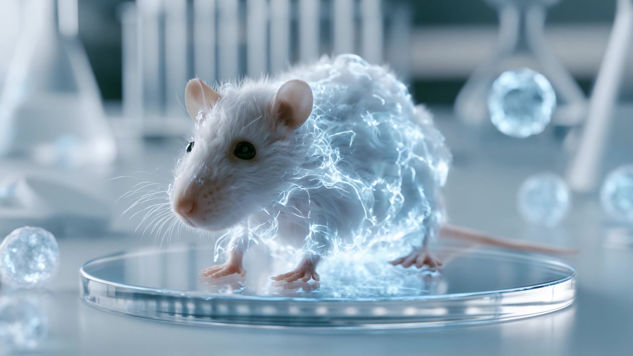 Una vista affascinante di un topo da laboratorio racchiuso in un campo elettrico dinamico, che cattura l'intersezione tra scienza e tecnologia in un esperimento innovativo.