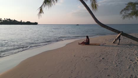 mujer haciendo durante la puesta de sol, ejercicio deportivo bajo palmeras en la playa paraíso