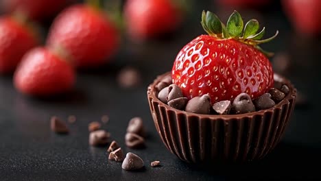 fresh strawberry in a chocolate cup with chocolate chips