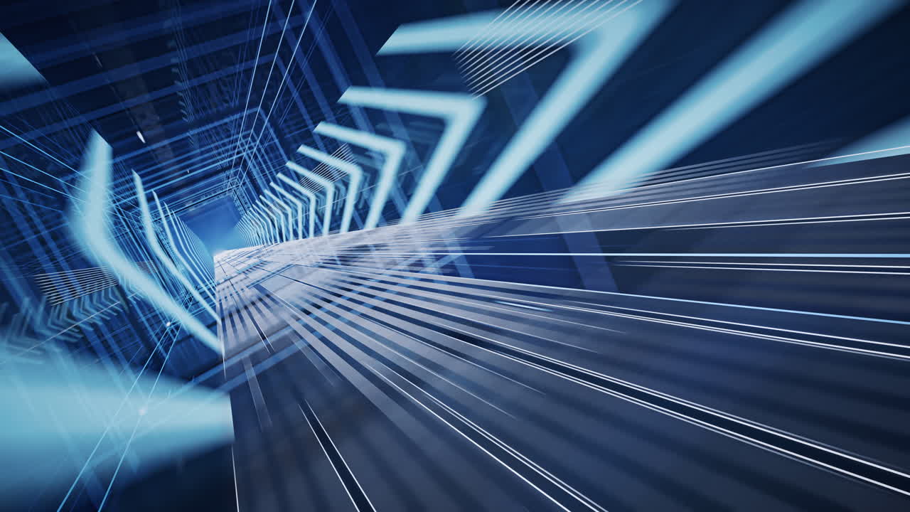 Pass through sci-fi concept tunnel with arrow sign, 3d rendering.