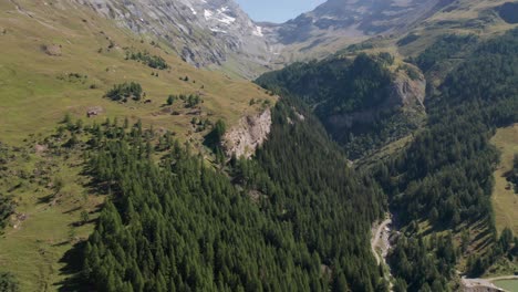 Luftaufnahme-Eines-Wunderschönen-Tals-Mit-Grünem-Wald-In-Der-Schweizer-Landschaft