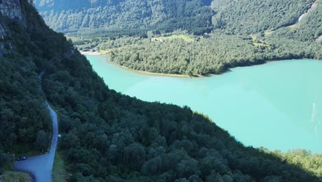 Unbelievably-green-water-of-Lovatnet-glacier-lake-in-Norway