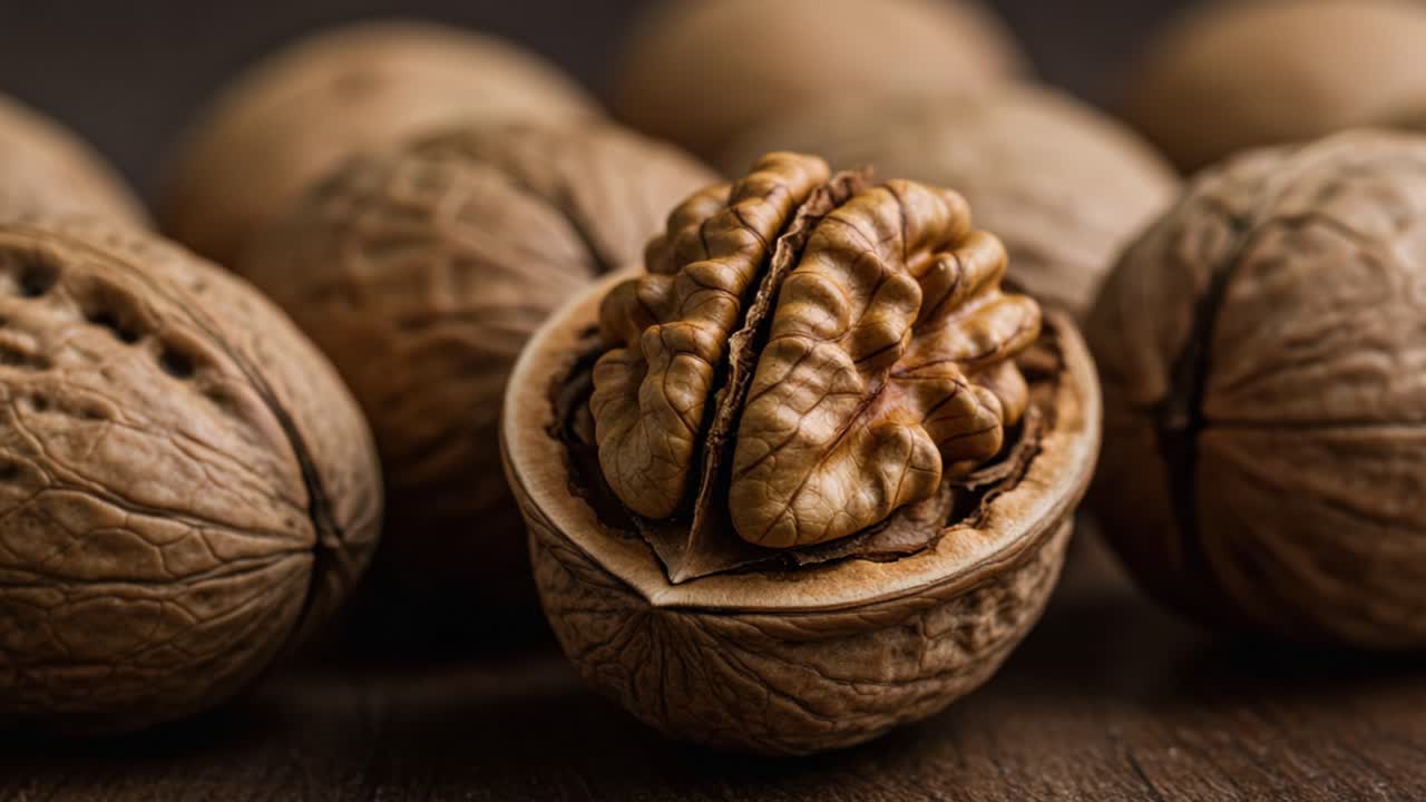 A Close-Up Exploration of Walnuts: Revealing the Intricacies of the Nut Inside its Hard Shell in Two Distinct Stages of Observation