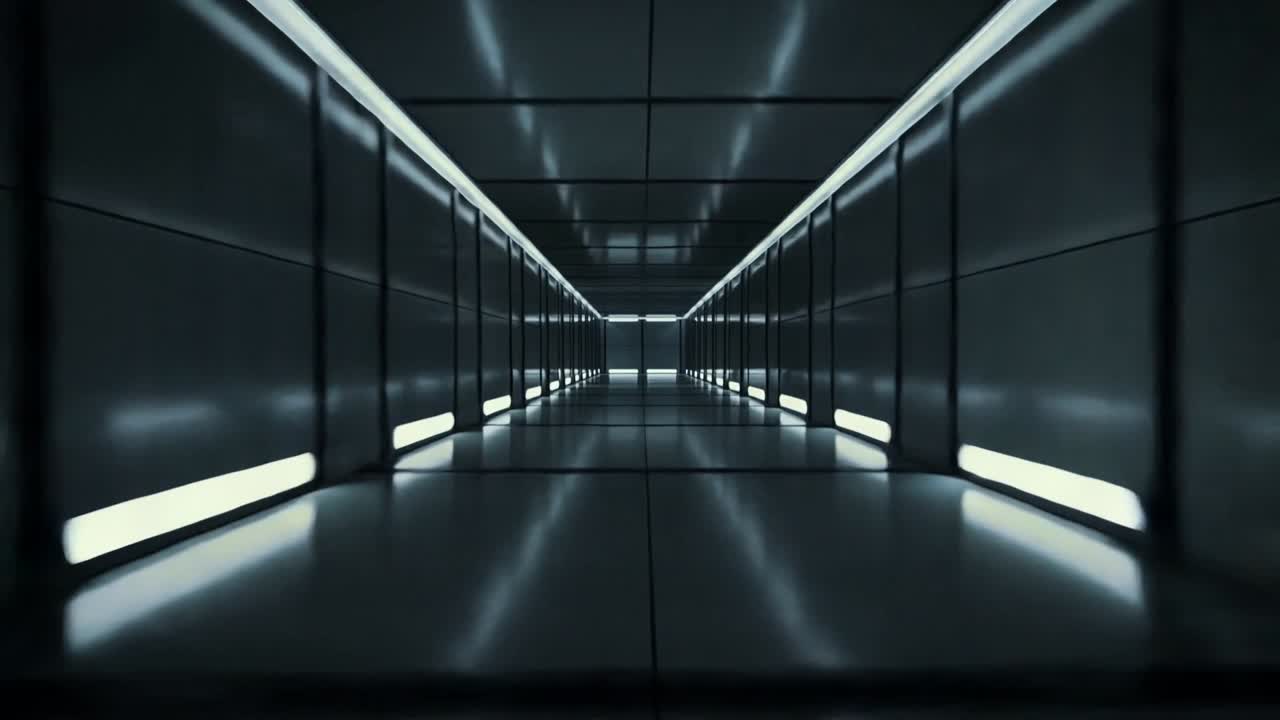 Telecamera panoramica che avanza in un corridoio metallico, enfatizzando la profondità con i riflessi dei LED.