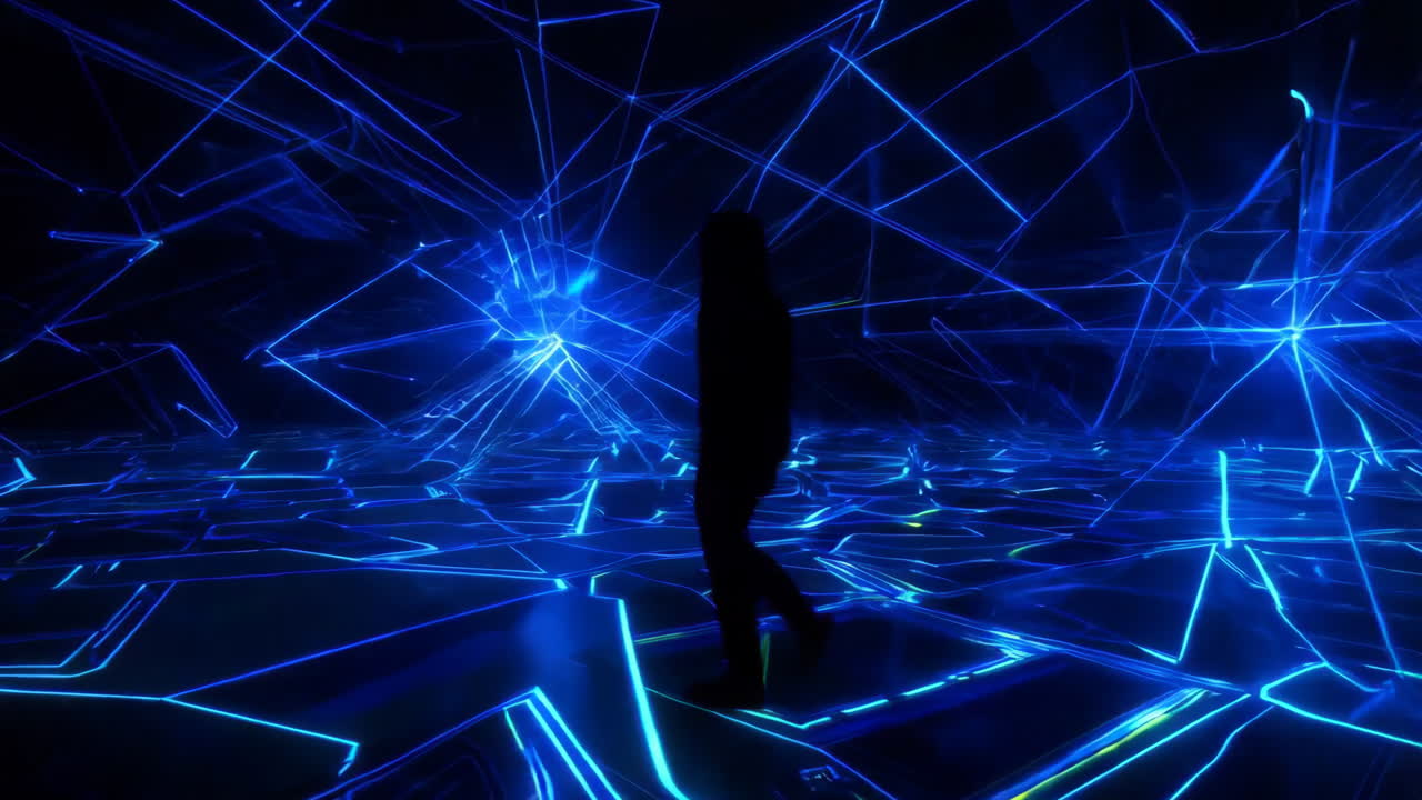 Person Walking in a Futuristic Neon Light Installation