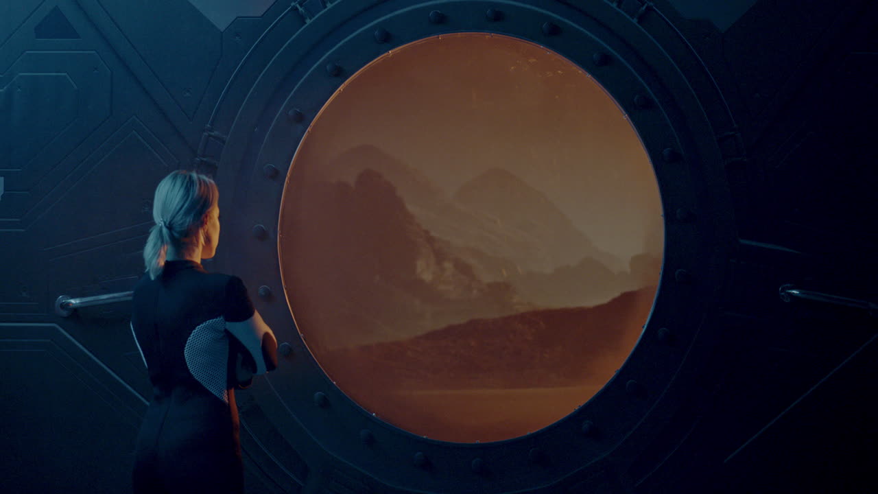 Astronaut Looking at Martian Landscape Through Spaceship Window