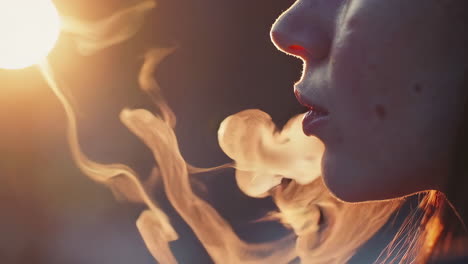 close-up of a person exhaling smoke or vapor backlit by a bright light