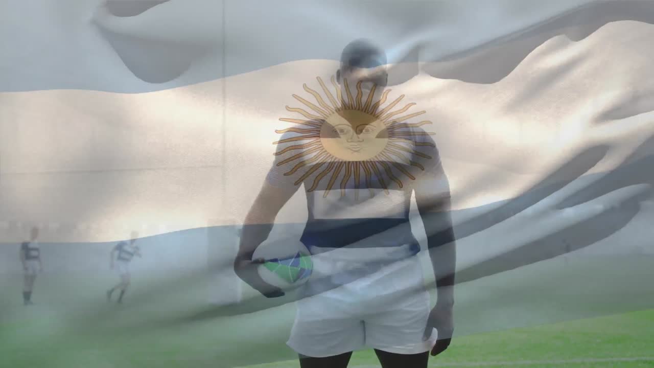 animación de la bandera de argentina sobre diversos jugadores de rugby masculinos