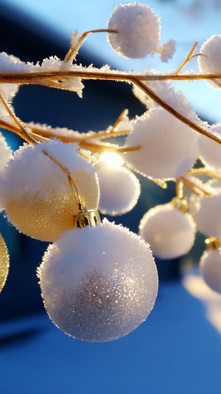 Decorazioni invernali scintillanti: primo piano accattivante di decorazioni coperte di brina che riflettono la luce del sole, creando un'atmosfera magica in un paesaggio invernale incantato immerso in un morbido sfondo innevato