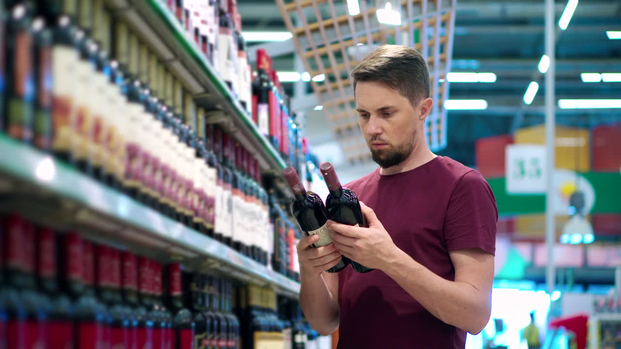 hombre eligiendo una botella de vino tinto en un supermercado
