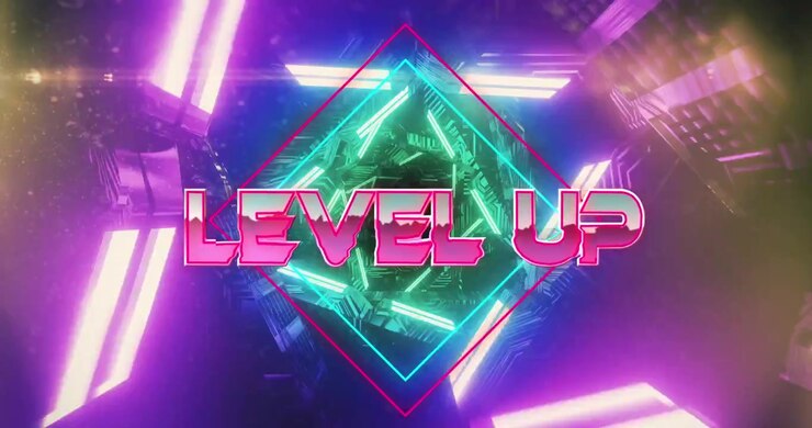Animazione testuale "Level Up" al neon in un tunnel cyberpunk futuristico