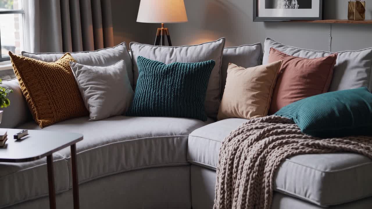 Cozy living room with a modern style, featuring a curved sofa and colorful pillows