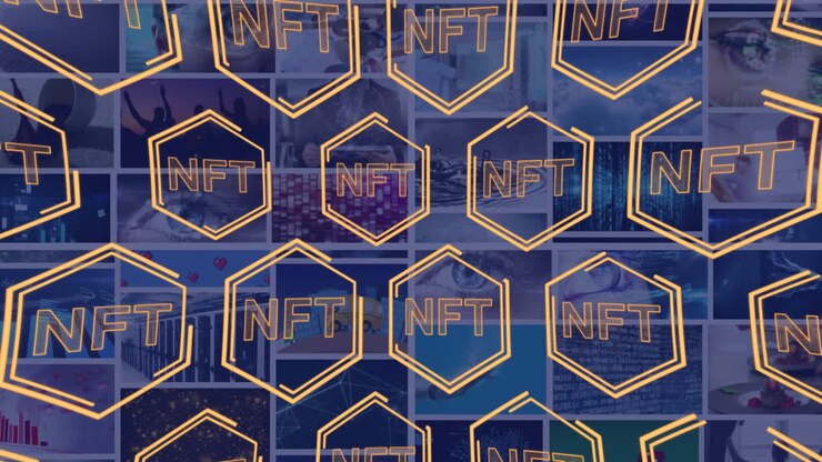 Animazione di NFT in esagoni su diverse foto sullo sfondo