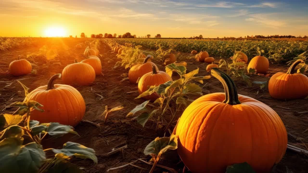 Sunset over a pumpkin field, captured at a low angle. The warm glow enhances the autumn harvest