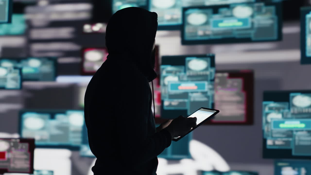 Male hacker breaking into a system in stealth mode by programming code