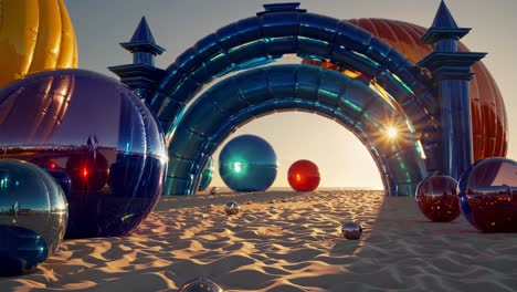Creating an inflatable wonderland, colorful arches and spheres form a surreal landscape on a sandy beach, glowing under the enchanting hues of a sunset