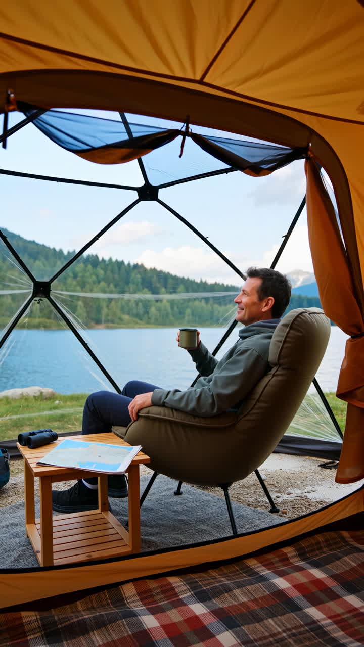 Man relaxing in a geodesic dome tent by a scenic mountain lake