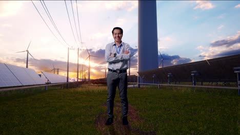 full body shot captures of an asian male professional worker standing with solar panel and wind turbines, his broad smile at the camera and cross his arm over his chest