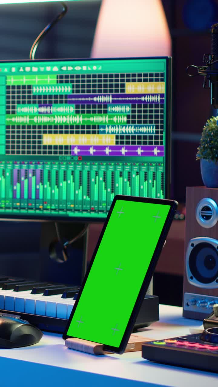 Music Studio Setup with Green Screen Tablet and Audio Production Software