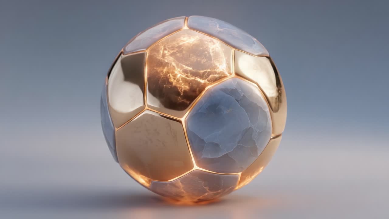 Una sbalorditiva trasformazione di un pallone da calcio futuristico, brillante con dettagli dorati e texture uniche, che evidenzia l'evoluzione del design delle attrezzature sportive.