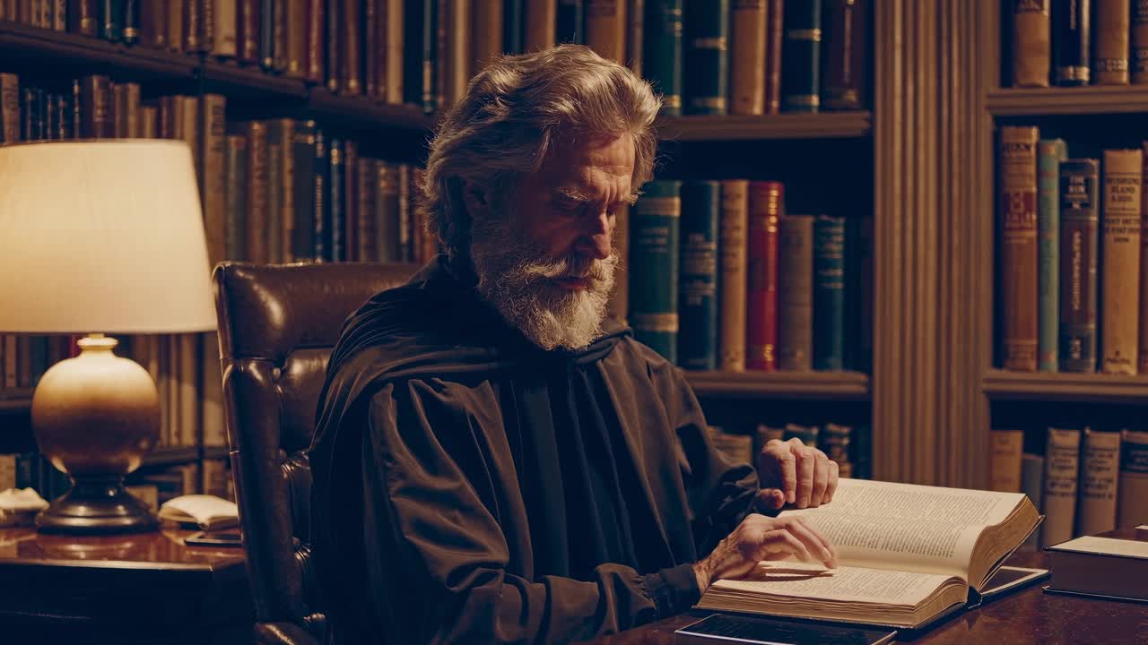 A scholarly man reads in a dimly lit library, captured from a side angle