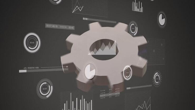 Animation of cog over data processing on grey background