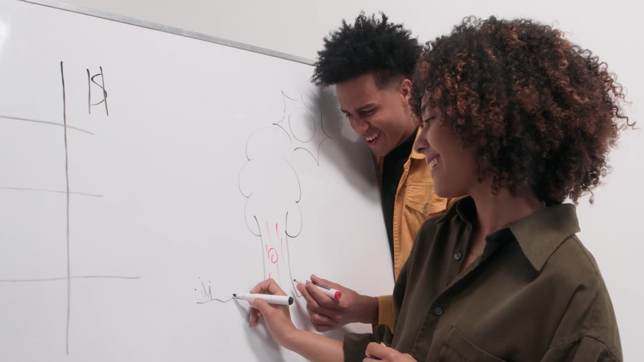 Giovani colleghi eterogenei (35) che fanno brainstorming su idee a una lavagna, lavoro di team creativo, collaborazione e innovazione in un ambiente aziendale in studio