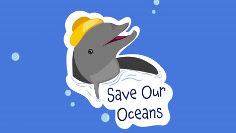 Animation-of-save-our-oceans-text-and-dolphin-logo-on-blue-background
