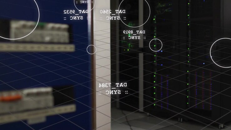 Camera shifting, server racks revealing LEDs, HUD grid aligning, tagging for data center monitoring