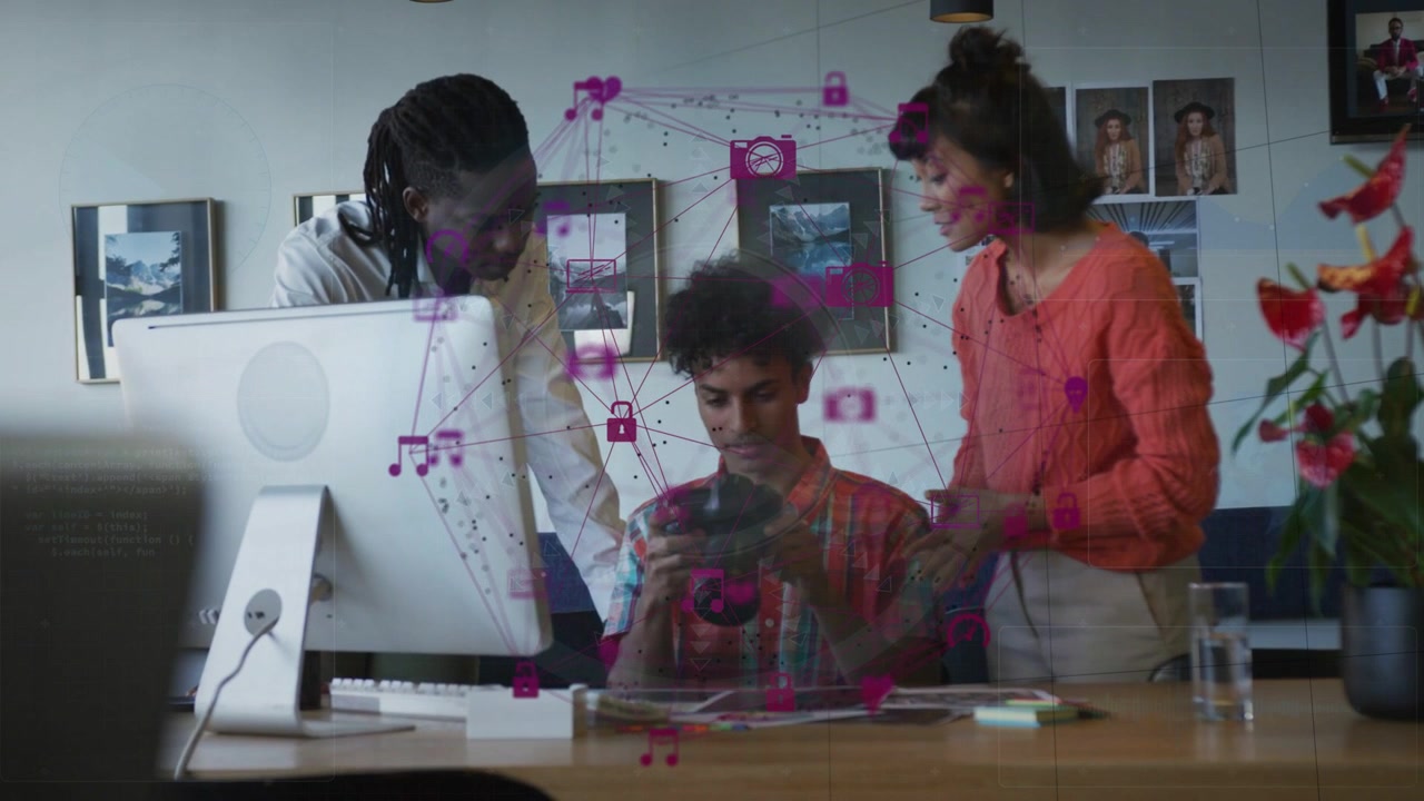Woman pointing at DSLR, initiating team inspecting lens and prints, magenta overlays showing media
