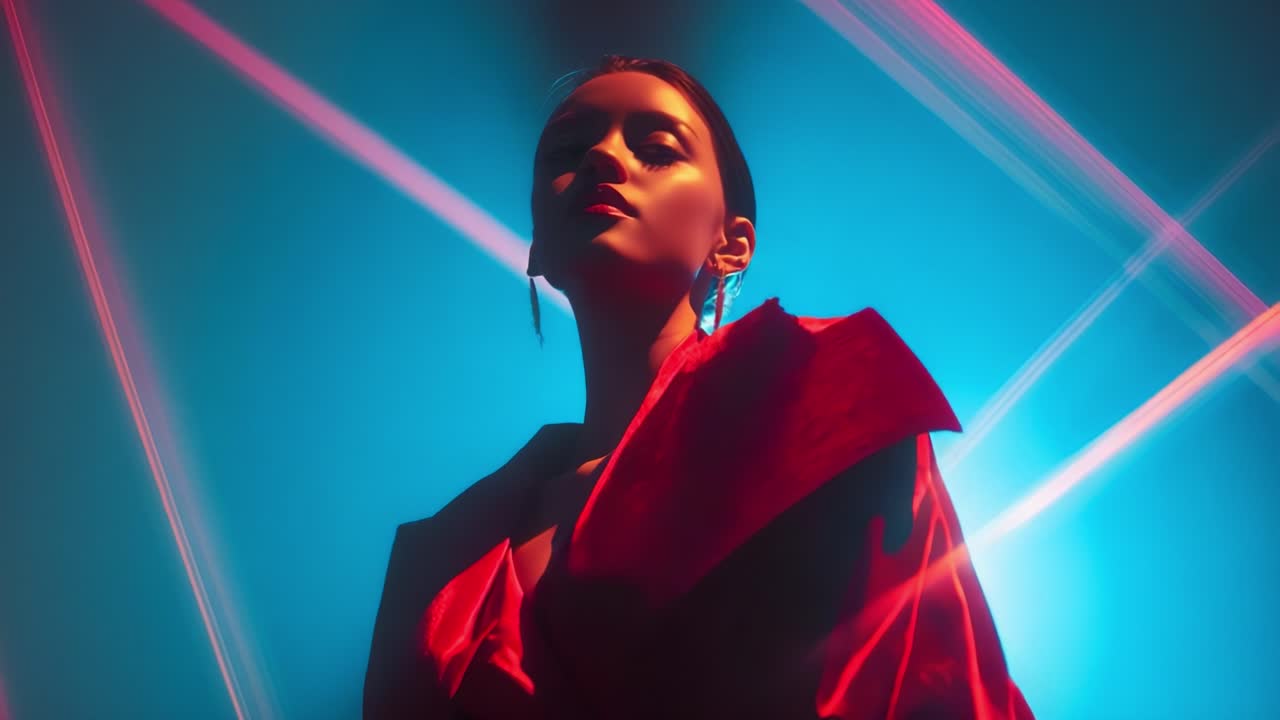 Dramatic High-Fashion Portrait Featuring a Model with a Bold Red Outfit Against a Background of Striking Blue and Pink Lighting Effects, Highlighting the Edgy Aesthetics of Modern Visual Artistry