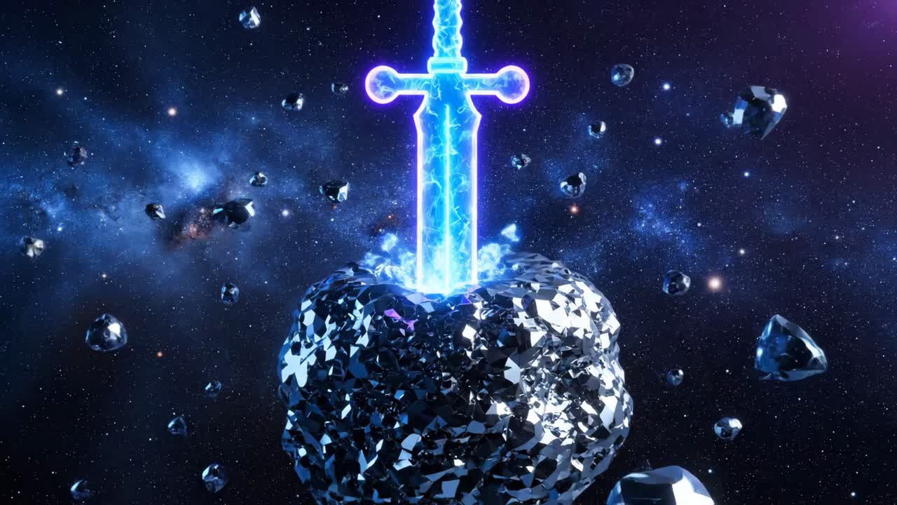 A magical sword embedded in a cosmic rock