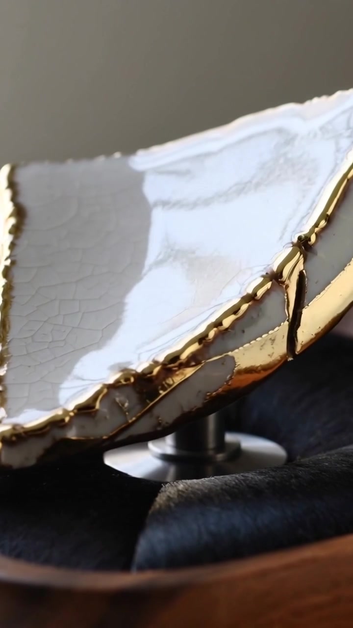 Vídeo vertical: Câmera inclinando, revelando um fragmento branco craquelado em um pino de metal para estudo, com emendas douradas.