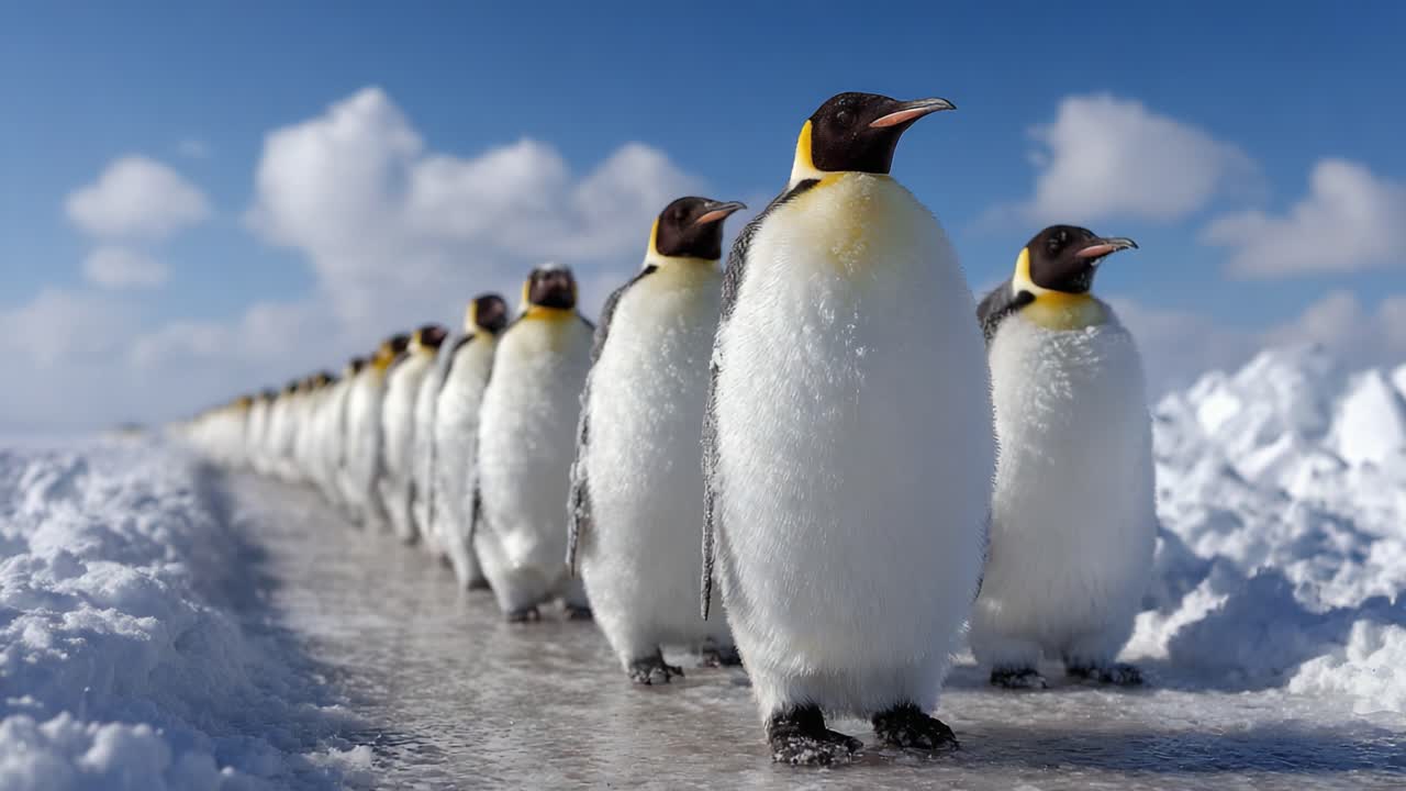 A Majestic Line of Emperor Penguins Marching Together Across the Icy Landscape Under a Stunning Blue Sky, Showcasing Their Unique Beauty and Social Behavior