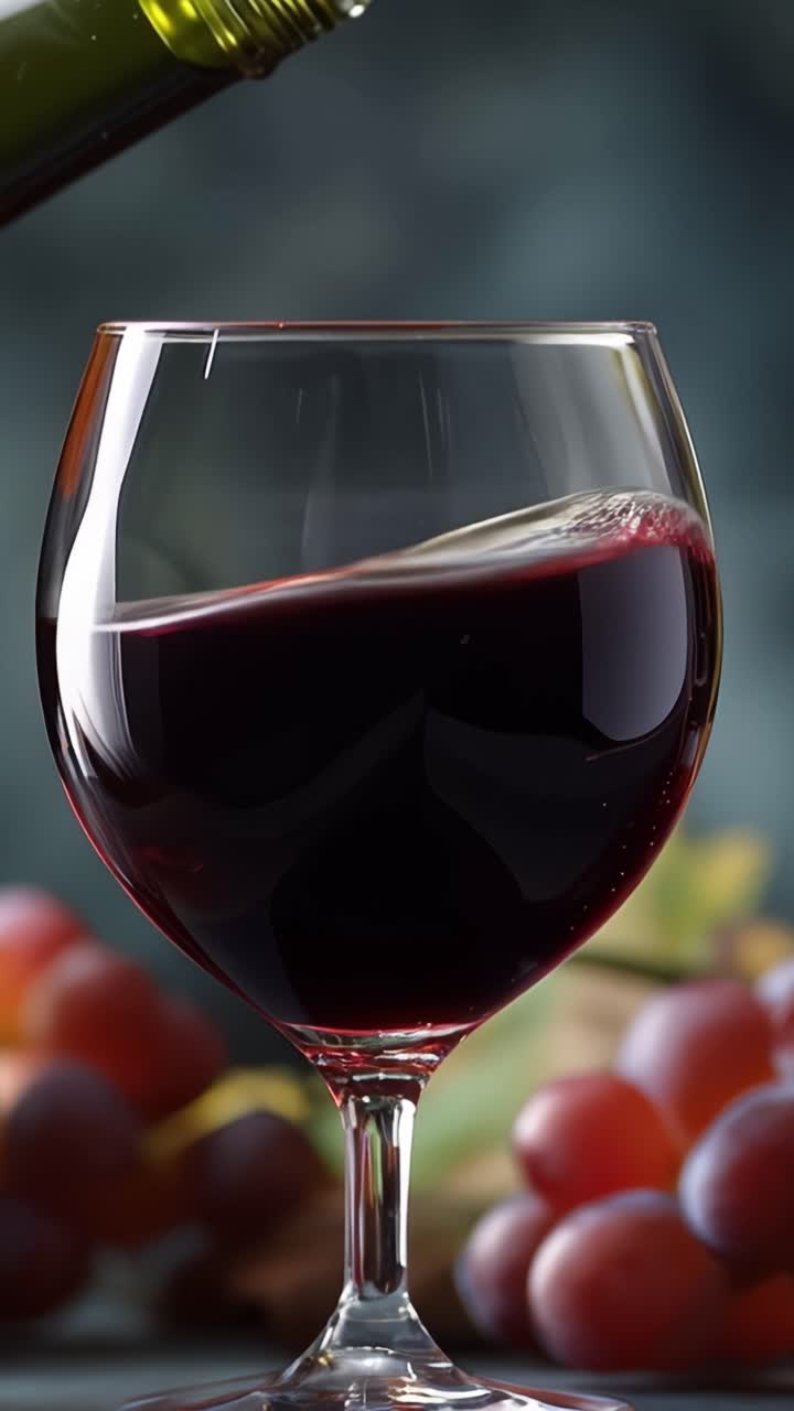 Una mescita accattivante: Un bicchiere di vino rosso intenso e corposo circondato da uva fresca è catturato con eleganza e bellezza in questa straordinaria composizione visiva.