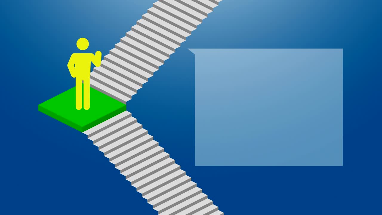 프레젠테이션 픽토그램 남자 아이콘 녹색 색과 음성 거품 비즈니스 성공 계단 단계별로 파란색 그라디언트 배경에 loopable, 애니메이션 4k