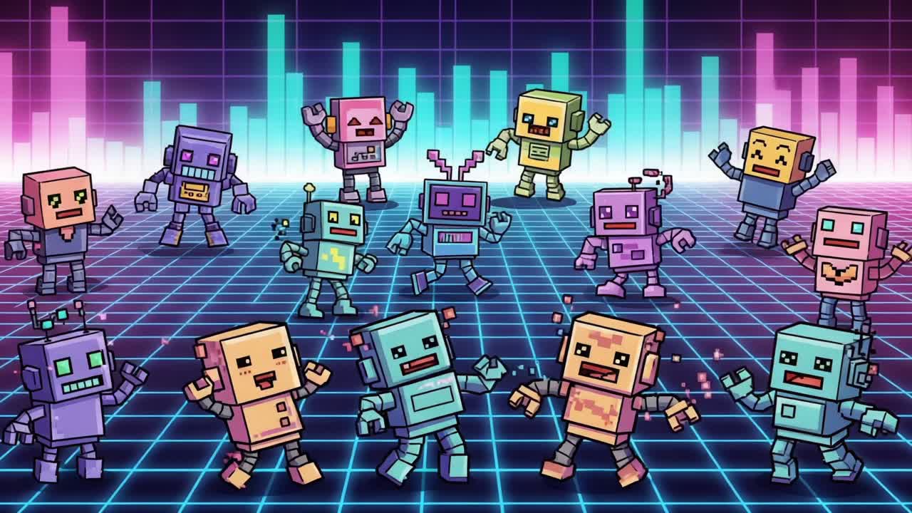 A Vibrant Dance of Pixelated Robots: An Energetic Display of Colorful Characters Grooving on a Neon Grid, Celebrating Fun and Creativity in Digital Art