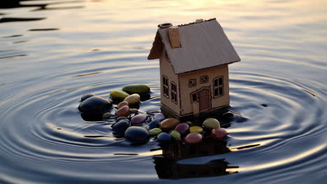 miniature cardboard house floating on water