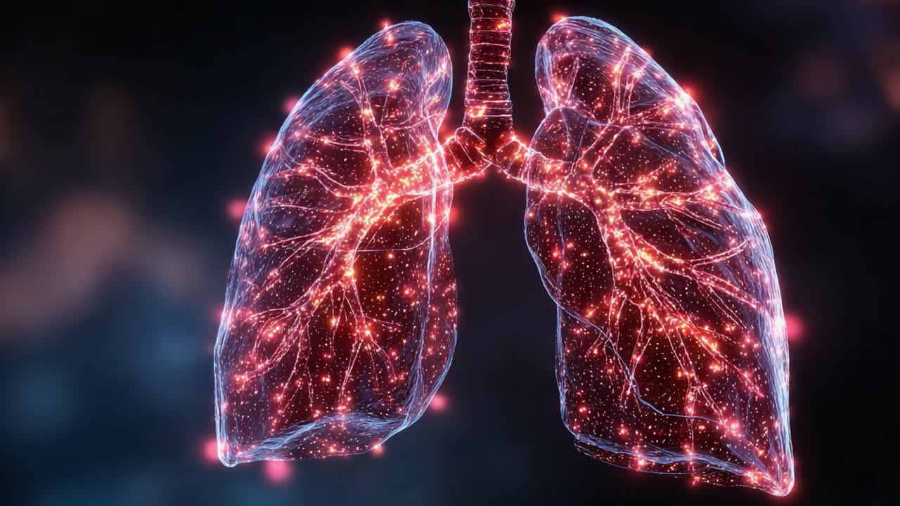 Una visualizzazione affascinante dei polmoni umani che mette in risalto la circolazione e le strutture intricate con un design bioluminescente brillante per scopi didattici